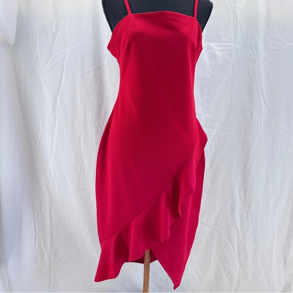 Almost Famous Red Dress Size Large Bodycon Asymmetrical Hem Ruffle NWT Valentine - Picture 2 of 16